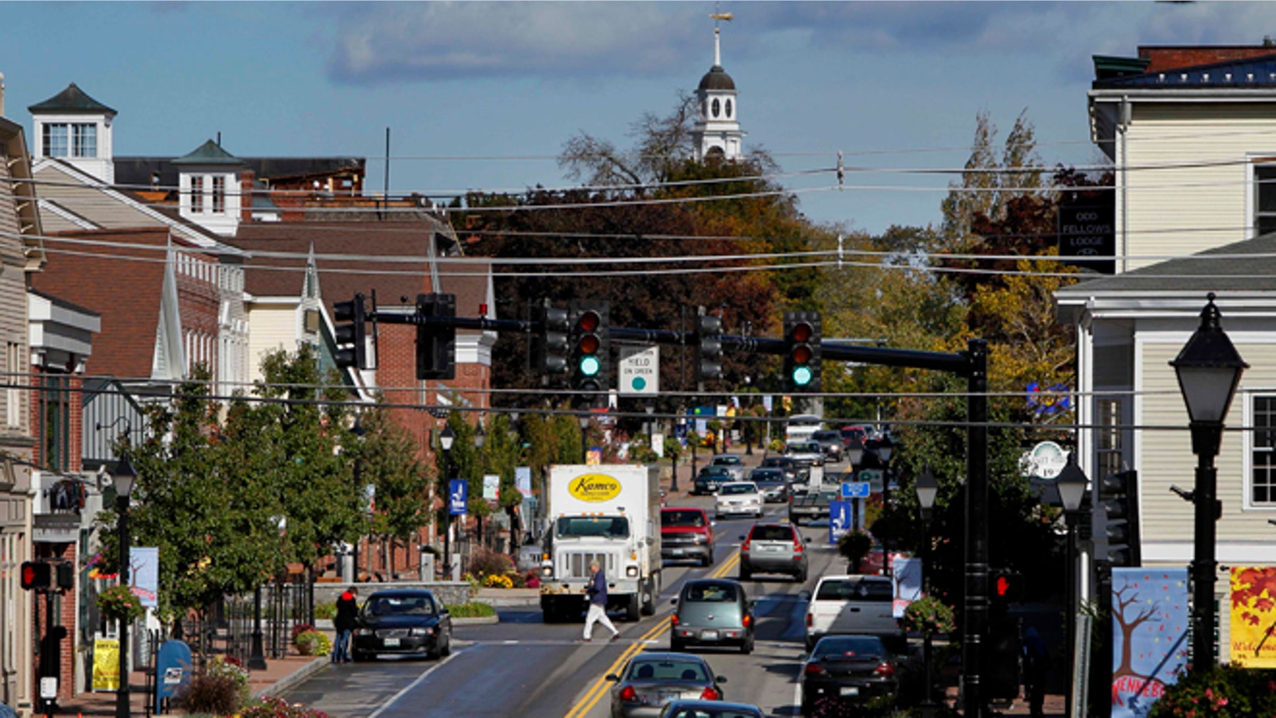 Oct. 12, 2012: A pedestrian crosses Route 1 in downtown Kennebunk, Maine.