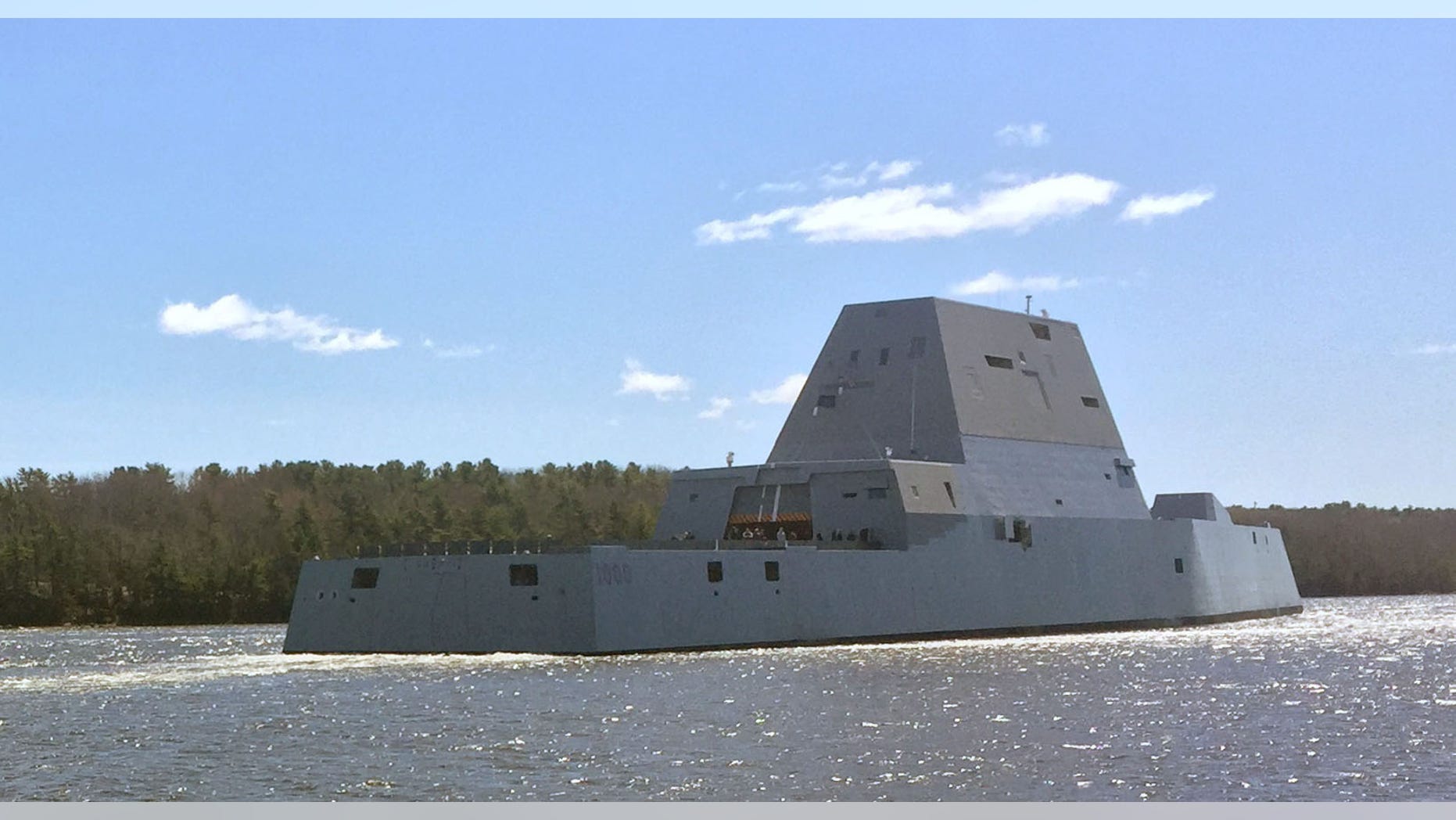 The future guided-missile destroyer USS Zumwalt departs Bath, Maine, in April 2016 to conduct acceptance trials with the Navy's Board of Inspection and Survey (INSURV). (Credit: US Navy)