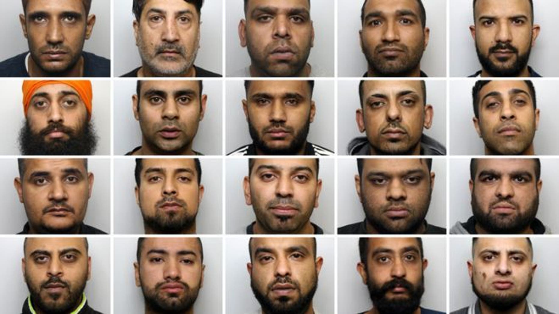 Twenty men, including ringleader Amere Singh Dhaliwal [first in theÂ second row), were found guilty of raping and abusing more than a dozen teenager girls in the U.K.
