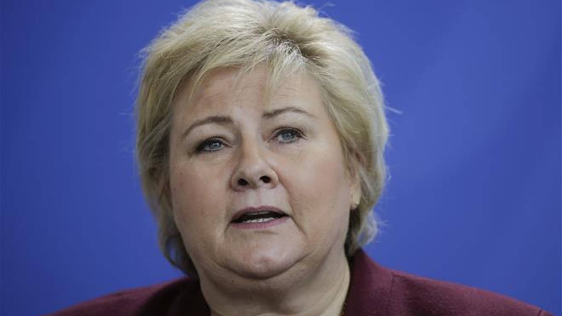 Norwegian Prime Minister Erna Solberg speaks during a joint statement with German Chancellor Angela Merkel prior to a meeting in Berlin on Tuesday.