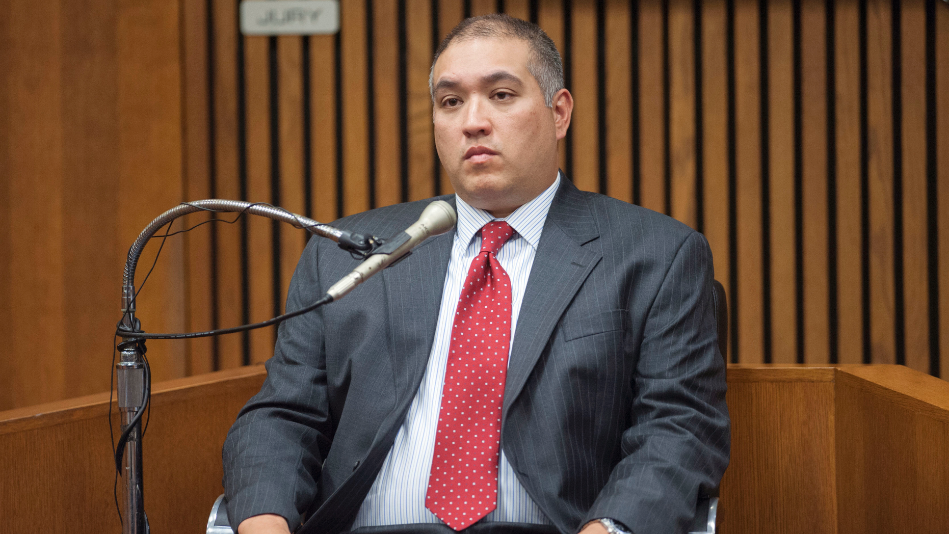 Former Michigan State Police trooper Mark Bessner testifies, Thursday, Oct. 25, 2018 at the Frank Murphy Hall of Justice in Detroit. Bessner whose use of a Taser preceded the death of a 15-year-old Detroit boy says he “absolutely” believed the teen was armed and was “shocked” to learn there was no gun. . (John T. Greilick/Detroit News via AP)