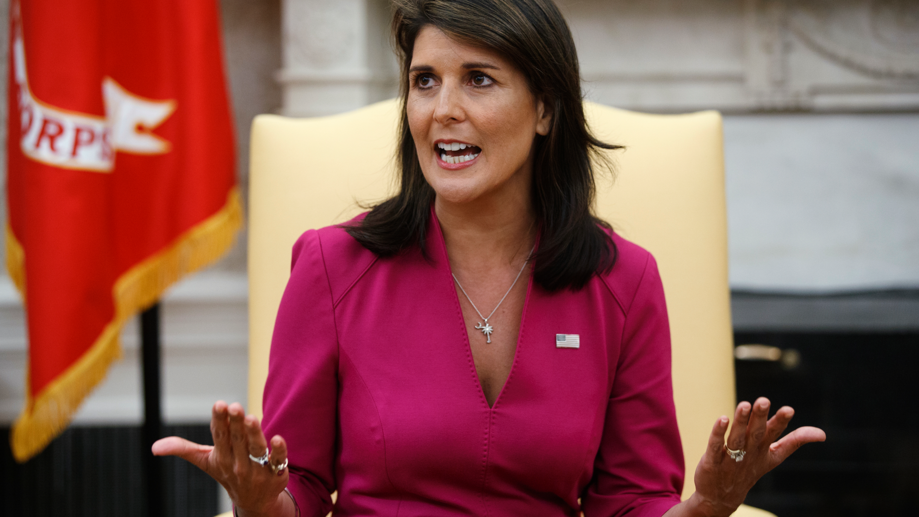 Outgoing U.S. Ambassador to the United Nations Nikki Haley speaks during a meeting with President Donald Trump in the Oval Office of the White House, Tuesday, Oct. 9, 2018, in Washington. (AP Photo/Evan Vucci)