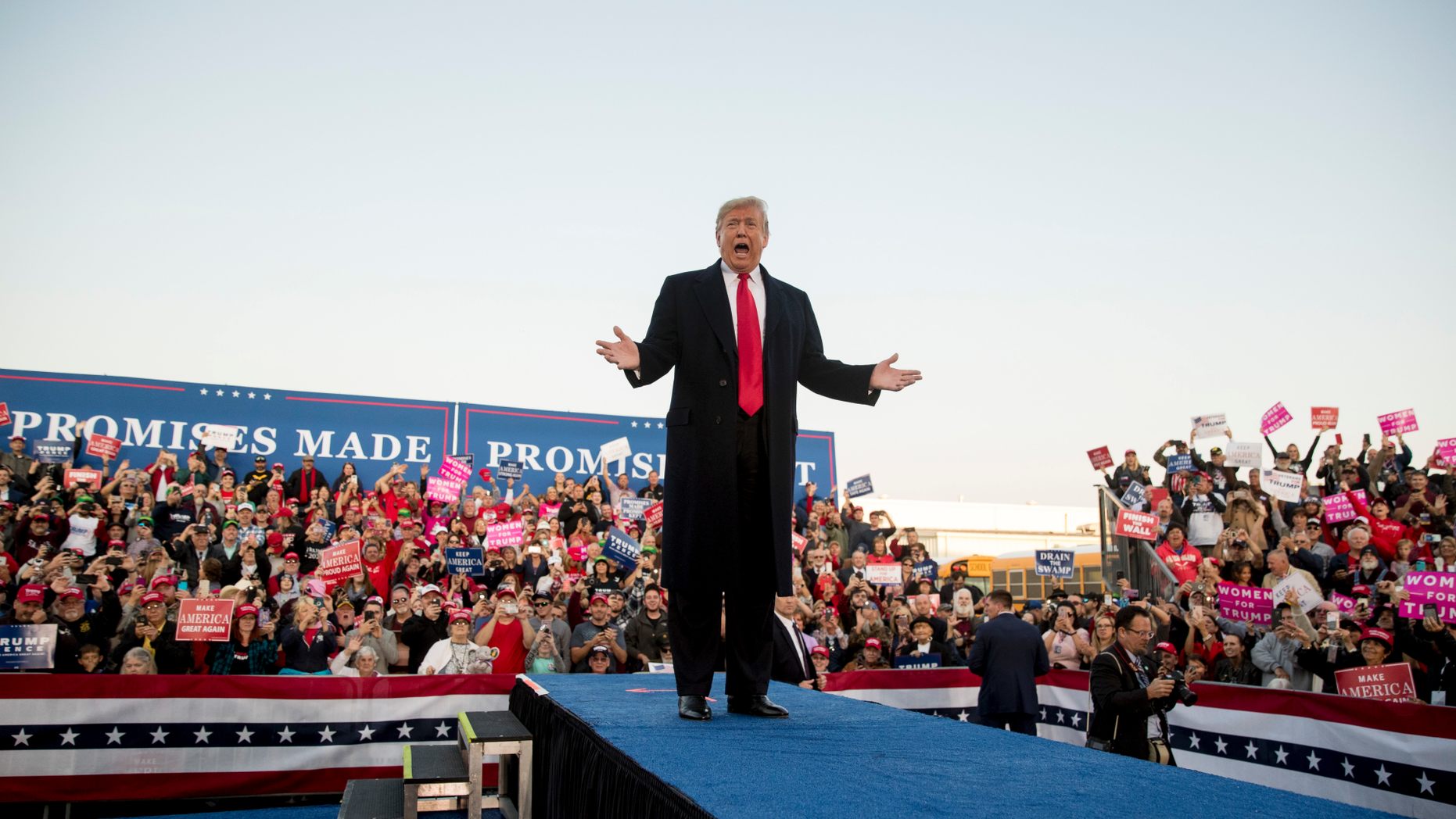 President Donald Trump arrives for a rally at Southern Illinois Airport in Murphysboro, Ill., Saturday, Oct. 27, 2018. (AP Photo/Andrew Harnik)