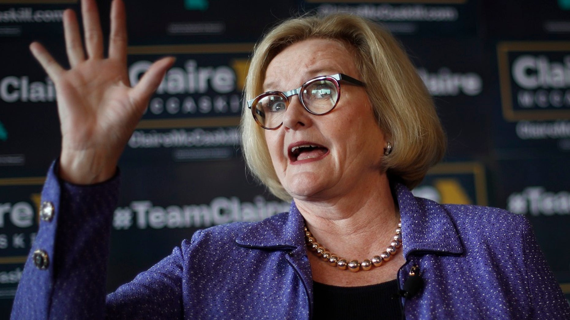 FILE - Sen. Claire McCaskill, D-Mo. talks to supporters during a campaign stop 2018, in Kansas City, Mo.