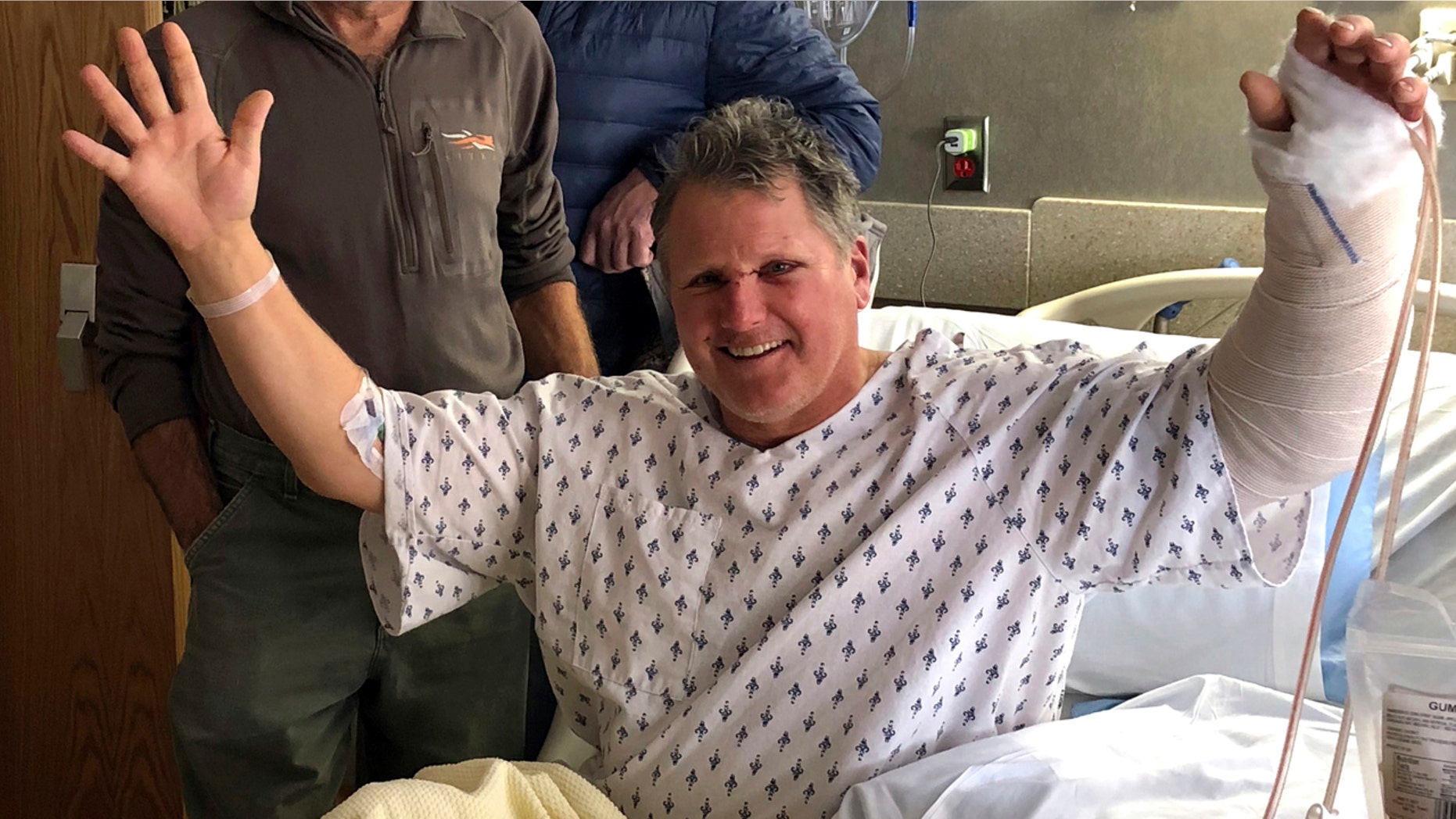This photo provided by Bob Legasa shows him in a hospital in Livingston, Mont., Sunday, Oct. 14, 2018, after a bear attack the day before.
