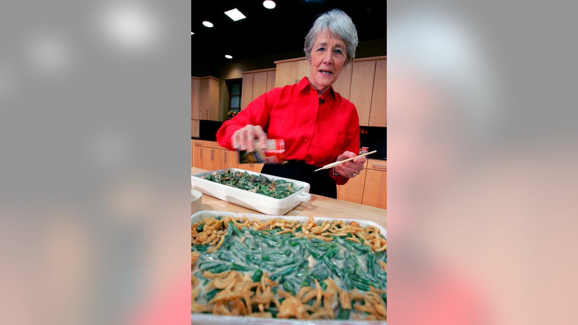 Reilly was a Campbell Soup kitchen supervisor in 1955 when she combined green beans and cream of mushroom soup, topped with crunchy fried onions, for an Associated Press feature. It is the most popular recipe ever to come out of the corporate kitchen at Campbell Soup. (AP Photo/Mel Evans, File)