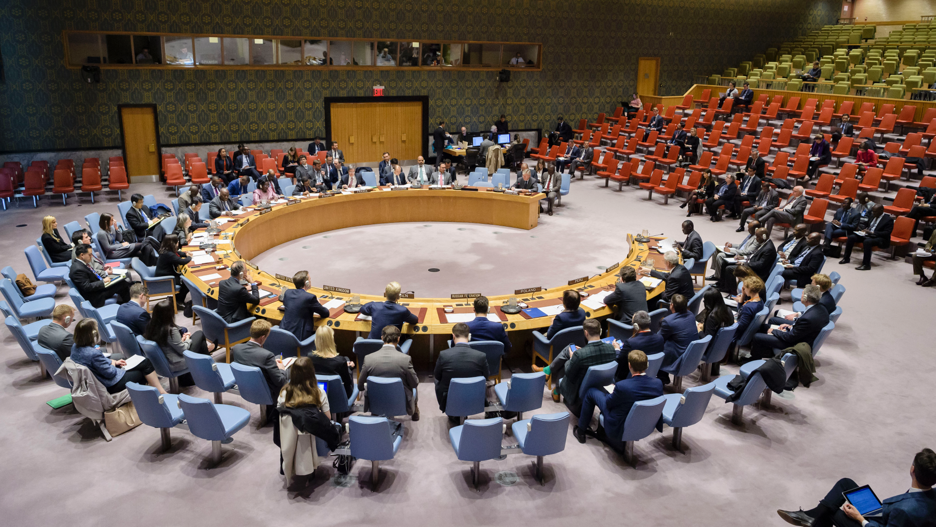In this photo provided by the United Nations, the United Nations Security Council meets on the situation in Mali, Friday, Oct. 19, 2018 at U.N. Headquarters. The U.N. has asked the government of Sri Lanka to immediately repatriate the commander of the country's 200-person contingent in the U.N. peacekeeping force in Mali following a review of his human rights background. (Manuel Elias/The United Nations via AP)