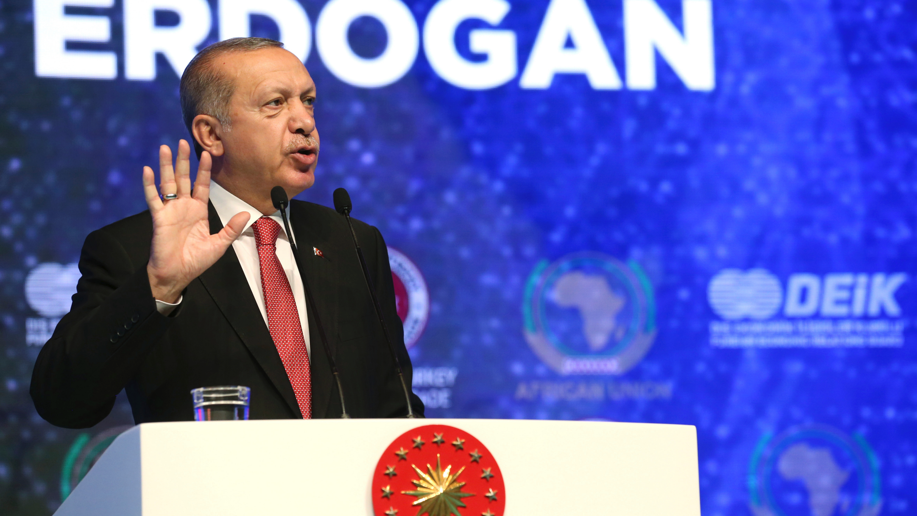 Turkey's President Recep Tayyip Erdogan addresses a Turkey-Africa business forum in Istanbul, Wednesday, Oct. 10, 2018. (Presidential Press Service via AP, Pool)