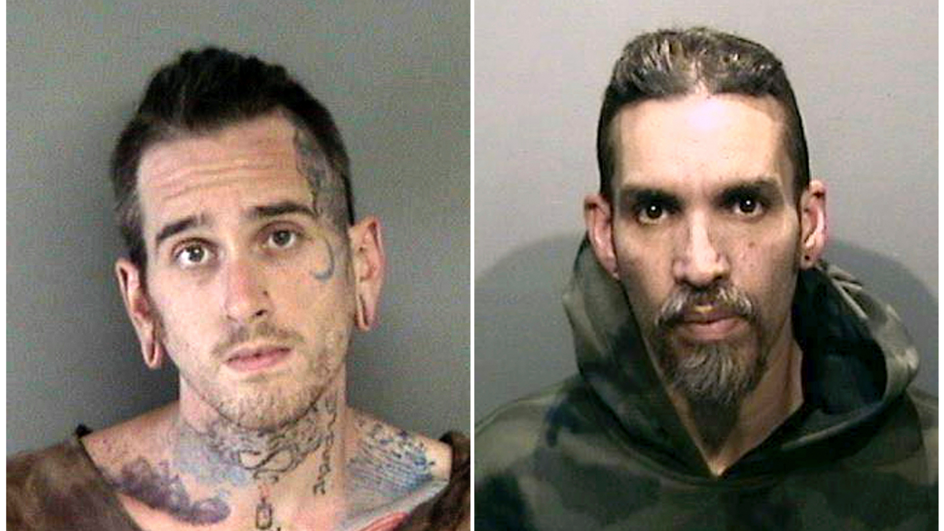 FILE - This combination of June 2017 file booking photos provided by the Alameda County Sheriff's Office shows Max Harris, left, and Derick Almena, at Santa Rita Jail in Alameda County, Calif. A judge will hear a motion asking the court to uphold a plea bargain that was reached with the two men accused of being responsible for a warehouse fire that killed two dozen people at an unlicensed party. (Alameda County Sheriff's Office via AP, File)