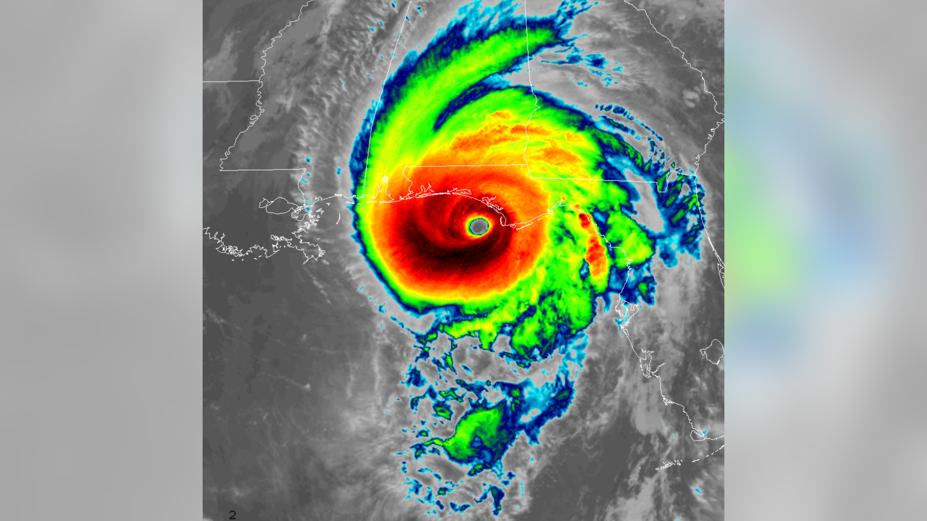 This infrared satellite image made available by NOAA shows Hurricane Michael approaching the Florida panhandle on Wednesday, Oct. 10, 2018 at 11:40 a.m. EDT. (NOAA via AP)