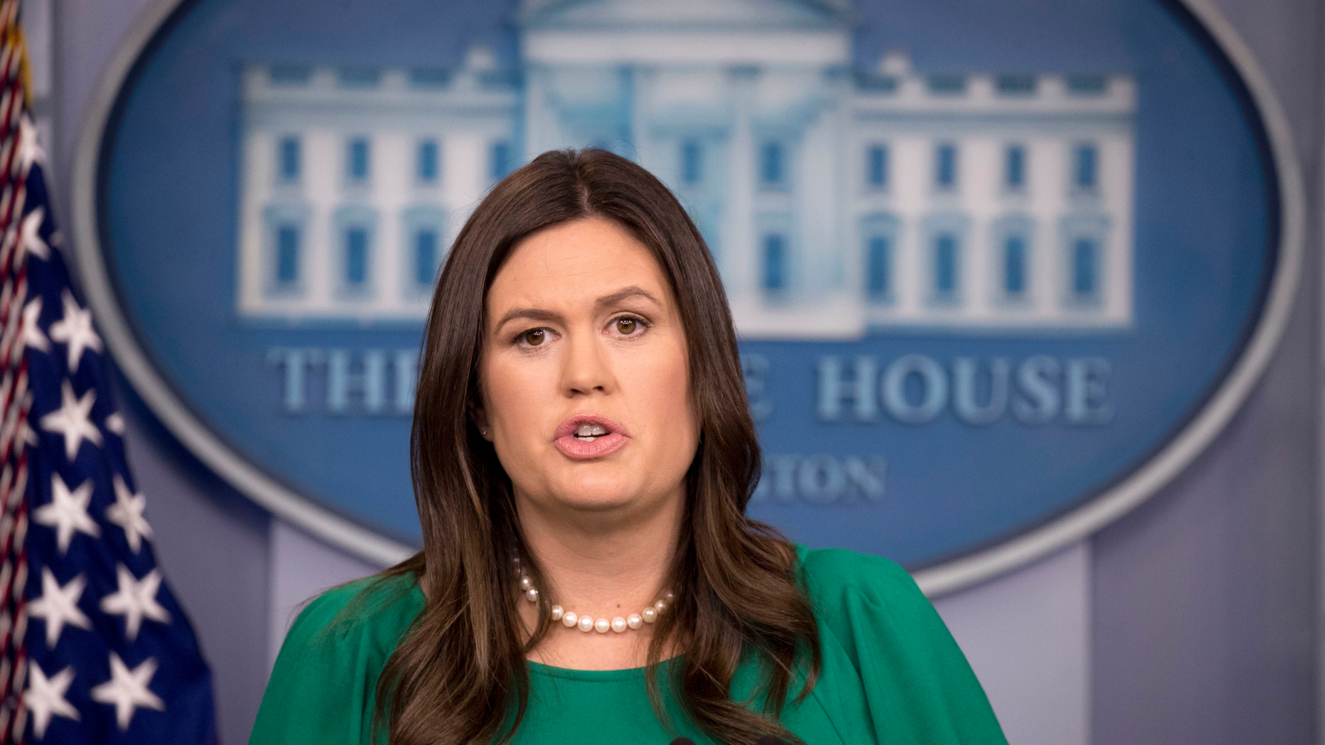 White House press secretary Sarah Huckabee Sanders speaks to the media during the daily press briefing at the White House, Monday, Oct. 29, 2018, in Washington. Sanders gave a statement on the shooting at a Pittsburgh synagogue and took questions. (AP Photo/Andrew Harnik)