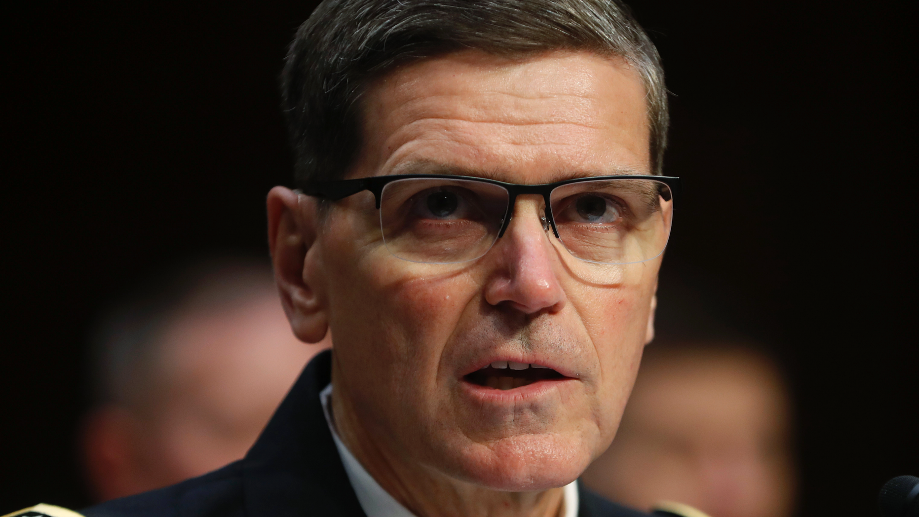 FILE - In this March 13, 2018, file photo, U.S. Central Command commander Gen. Joseph Votel testifies at the Senate Committee on Armed Services on Capitol Hill in Washington. Votel, the top U.S. commander for the Middle East says Turkish and American troops could begin joint patrols in a matter of days around the northern Syrian city of Manbij. (AP Photo/Pablo Martinez Monsivais, File)