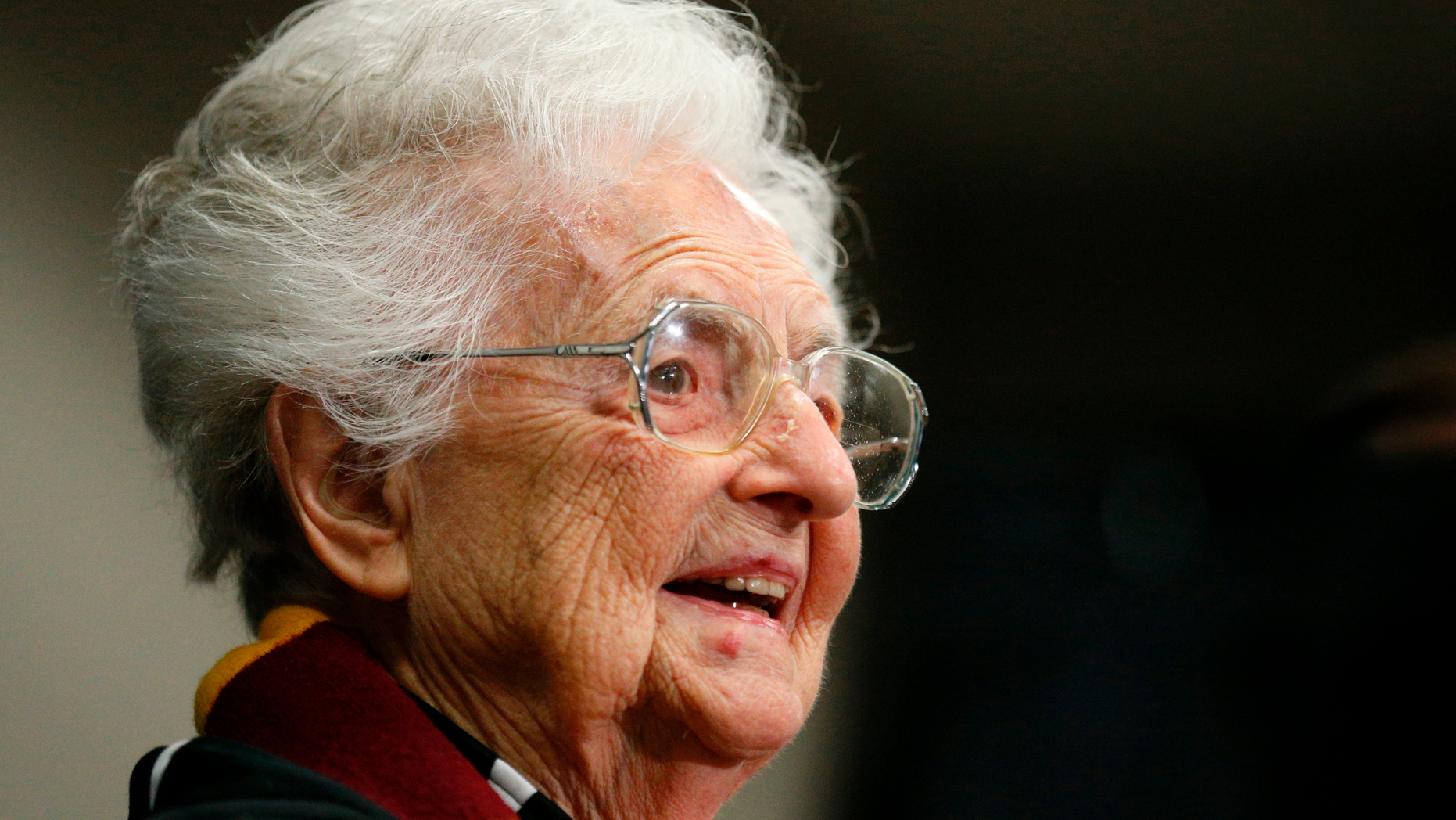 FILE - In this March 30, 2018, file photo, Loyola's Sister Jean Dolores Schmidt answers questions during a news conference for the Final Four NCAA college basketball tournament in San Antonio. Sister Jean is the winner of Illinois' 2018 Senior Hall of Fame award. The Catholic nun and longtime chaplain of the Loyola-Chicago basketball team became a celebrity last March as the Ramblers reached the NCAA Final Four. In August she celebrated her 99th birthday. (AP Photo/Brynn Anderson, File)