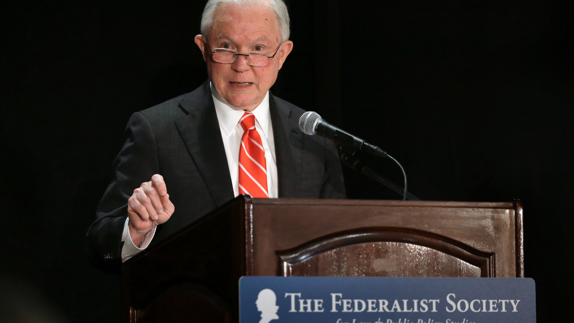 Attorney General Jeff Sessions speaks at a luncheon event organized by the Boston Lawyers Chapter of the Federalist Society, Monday, Oct. 29, 2018, at a hotel in Boston. Sessions spoke about religious liberty during remarks. (AP Photo/Steven Senne)