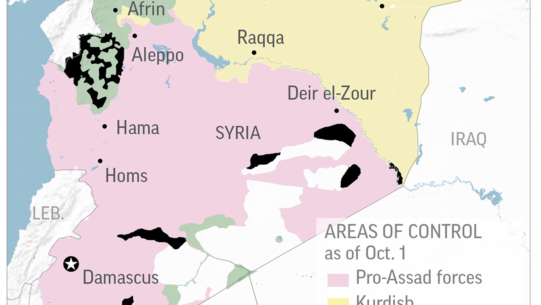 Map shows the latest areas of control by Pro-Assad, Kurdish, Islamic State and Free Syrian Army forces.