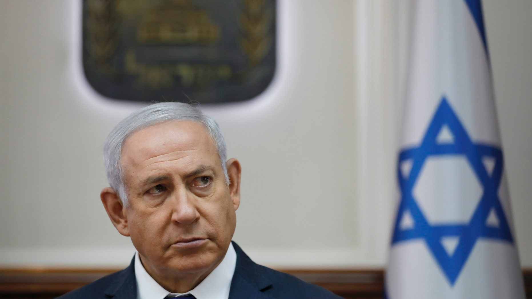 Israel Prime Minister Benjamin Netanyahu attends the weekly cabinet meeting at his office in Jerusalem, Israel, Sunday Oct. 7, 2018. (Abir Sultan/Pool via AP)