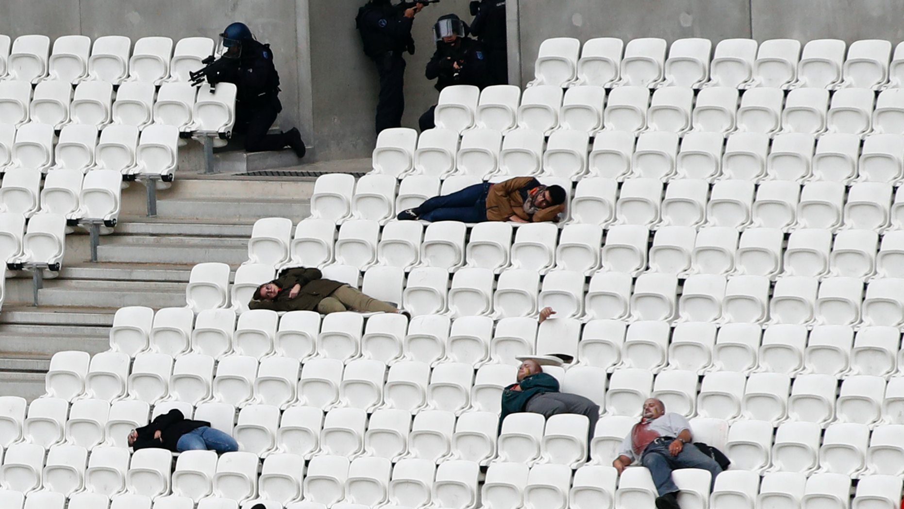 Members of the National Gendarmerie Intervention Group (GIGN), Recherche Assistance Intervention Dissuasion (RAID) and Research and Intervention Brigades (BRI) attend a training exercise in case of terrorist attack at the G6 Interior Ministers' meeting at the Groupama stadium in Decines, near Lyon, central France, Tuesday, Oct. 9, 2018. (AP Photo/Christophe Ena)