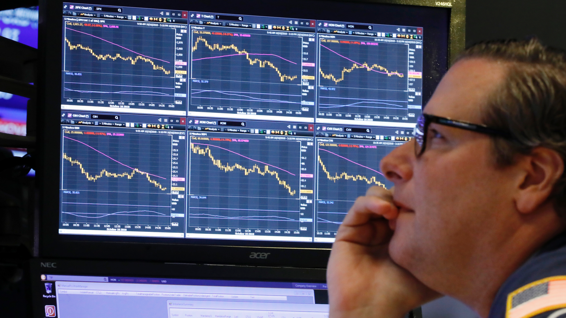 FILE- In this Oct. 10, 2018, file photo specialist Gregg Maloney works at his post on the floor of the New York Stock Exchange. The stock market has offered the best long-term returns historically, but they’ve come at a price. Stocks can drop suddenly, sometimes for inexplicable reasons. Drops of 10 percent are common enough, even when the market is largely on the upswing, that Wall Street has a term for them: “corrections.” Since the summer of 2015, the S&P 500 has had three such declines, and the index is one bad day away from a fourth. The S&P 500 is down TK percent since setting its record last month. (AP Photo/Richard Drew, File)