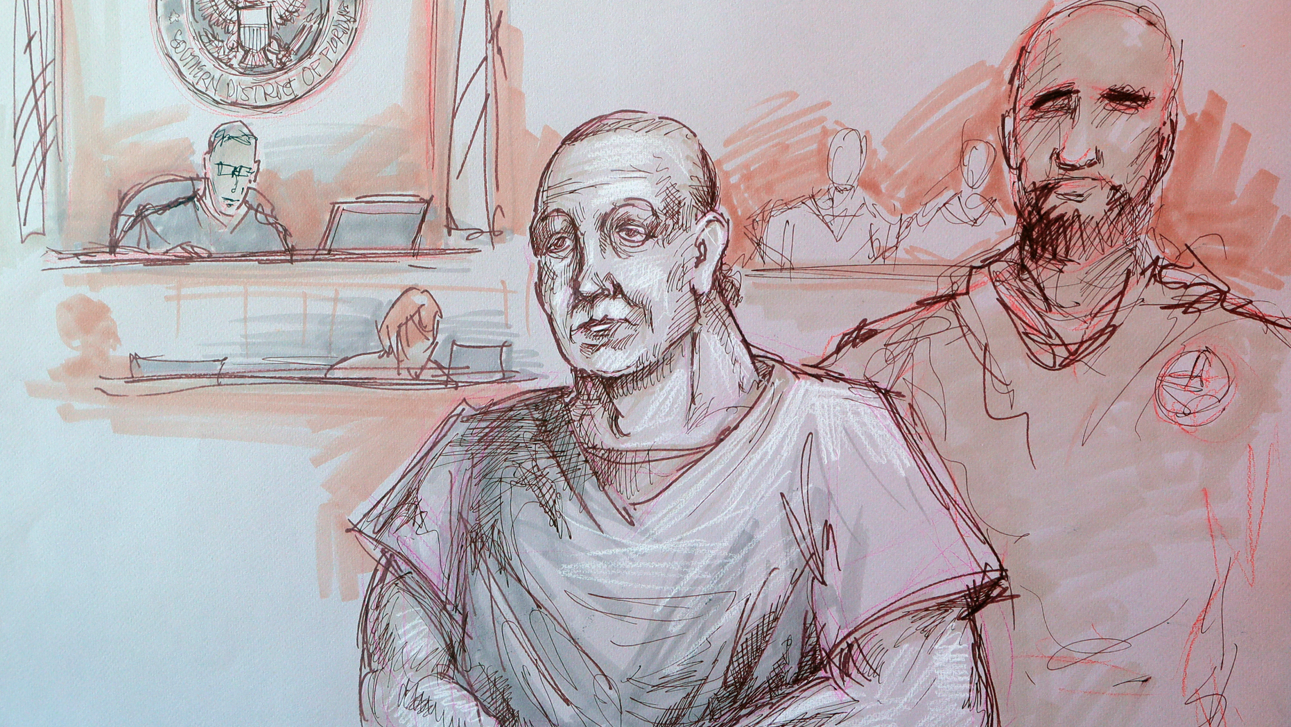 In this courtroom sketch, Cesar Sayoc, left, appears in federal court, Monday, Oct. 29, 2018, in Miami. Sayoc is accused of sending pipe bombs to prominent Democrats around the country. If foreign citizens had mailed pipe bombs to prominent Democrats, or massacred Jews in a synagogue, there’s a good chance they would have been charged with terrorism. But that won’t happen with either of the men charged in the recent wave of mail bombs and the Pittsburgh shootings. That’s because there’s no domestic terrorism law. (Daniel Pontet via AP)