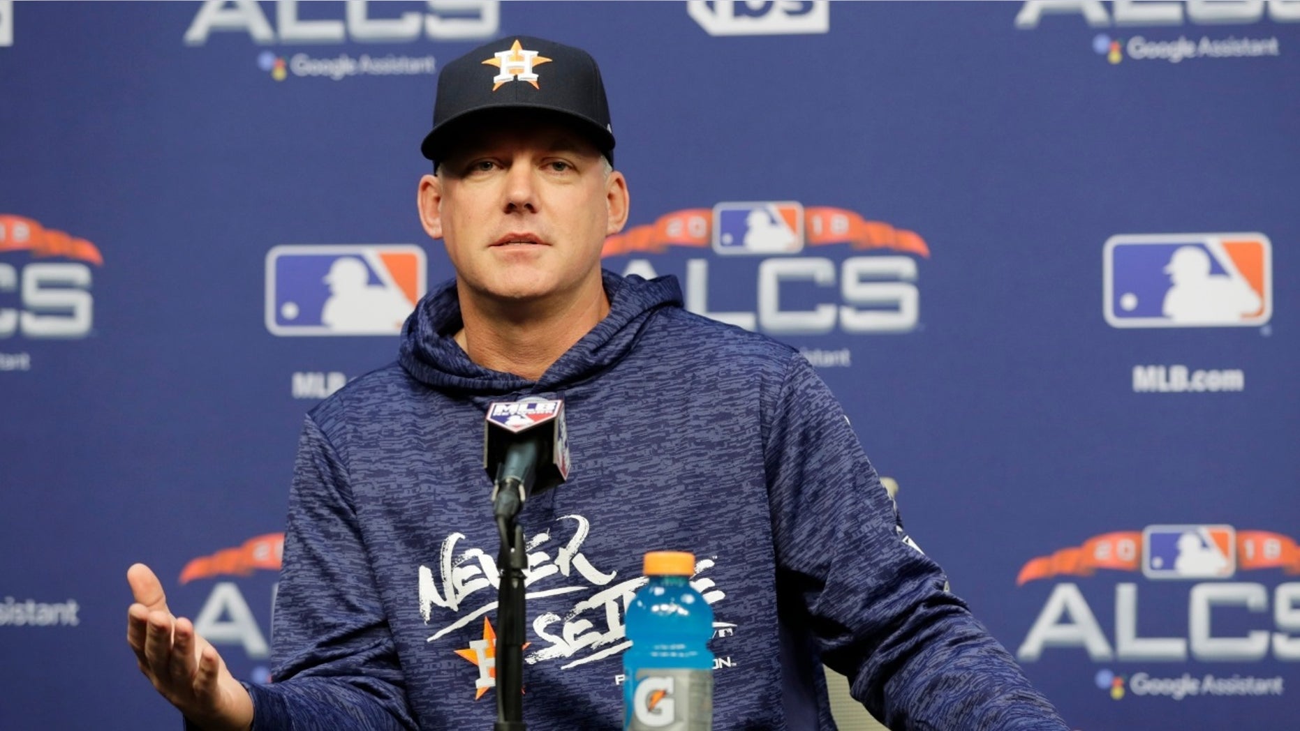 Houston Astros manager AJ Hinch speaks during a news conference on Monday, Oct. 15, 2018.