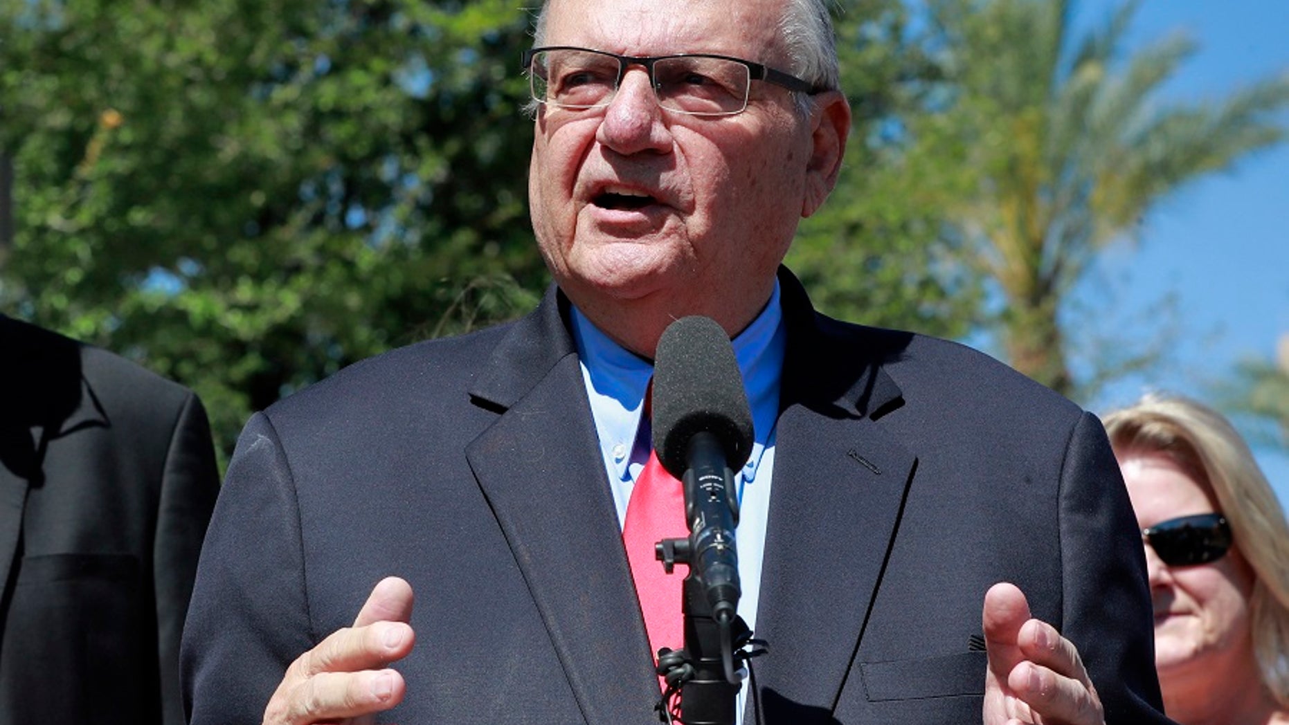 FILE - Former Arizona Sheriff Joe Arpaio speaks at the Arizona Capitol as part of his failed U.S. Senate campaign.