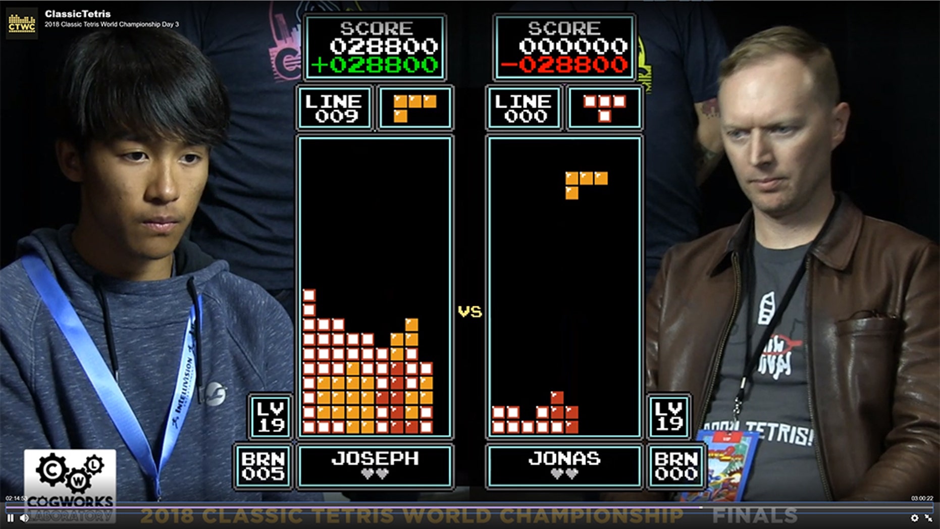 Joseph Saelee (left) defeated Jonas Neubauer (right) to win the 2018 Classic Tetris World Championship.