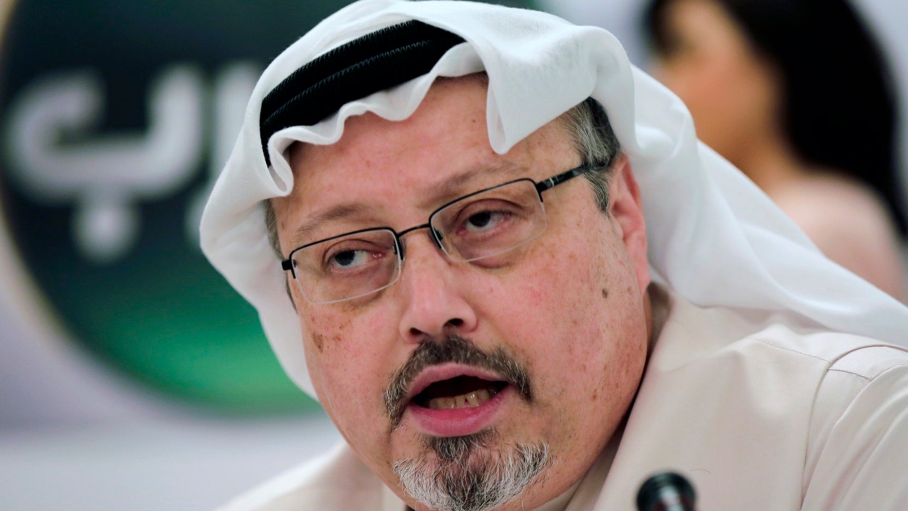 FILE - In this Feb. 1, 2015, file photo, Saudi journalist Jamal Khashoggi speaks during a press conference in Manama, Bahrain. (AP Photo/Hasan Jamali, File)