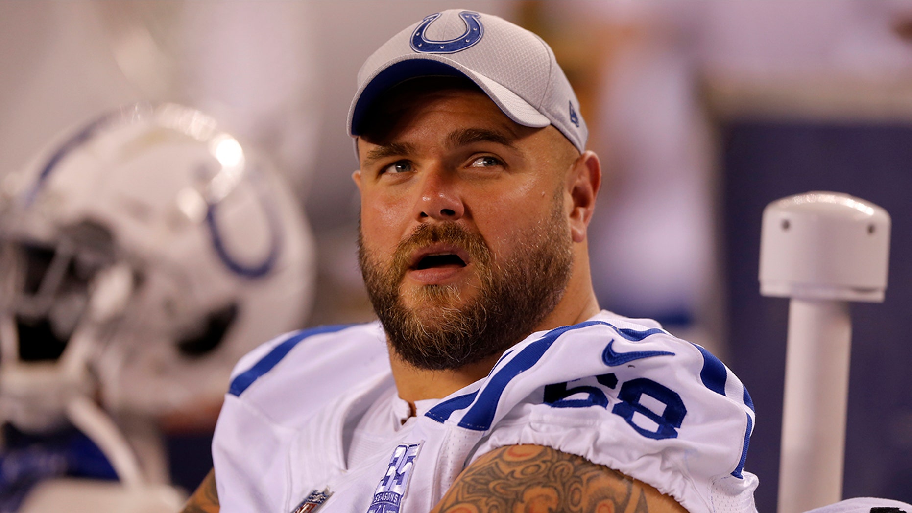 Indianapolis Colts center Matt Slauson (68) during the NFL preseason game between the Indianapolis Colts and the Cincinnati Bengals on Aug. 30, 2018.