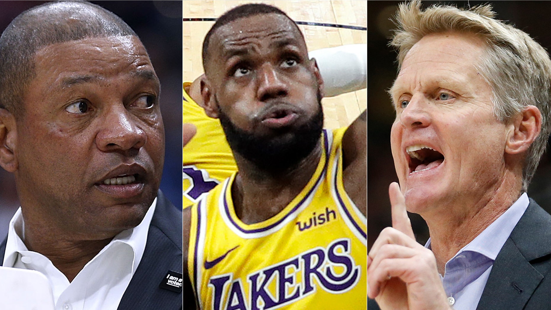 Doc Rivers, left, LeBron James, center, and Steve Kerr have been the top NBA voices to address political issues ahead of the midterms.