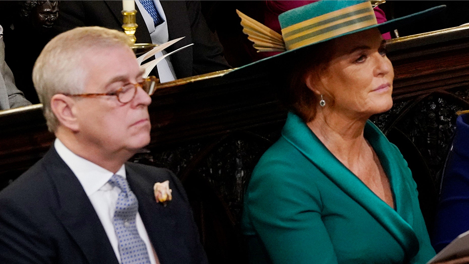 Prince Andrew, Duke of York and Sarah Ferguson at the Oct. 12 wedding for their daughter, Princess Eugenie of York, and Jack Brooksbank.