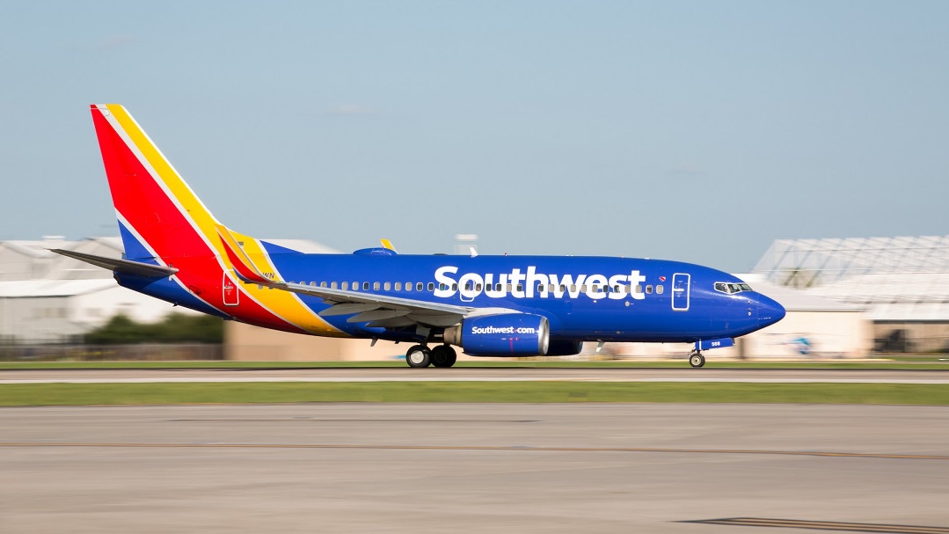 A Southwest airliner takes off. 