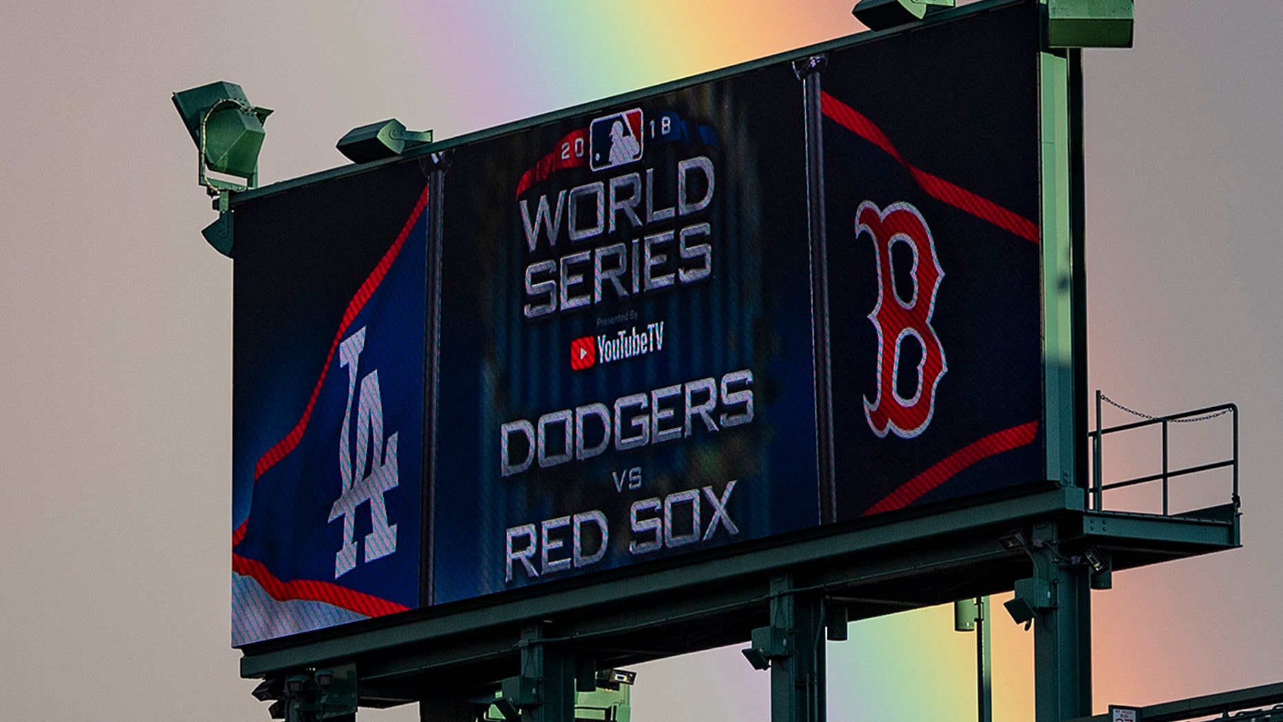 A rainbow forms over Fenway Park before game one of the 2018 World Series between the Boston Red Sox and the Los Angeles Dodgers on October 23, 2018 at Fenway Park in Boston, Massachusetts.