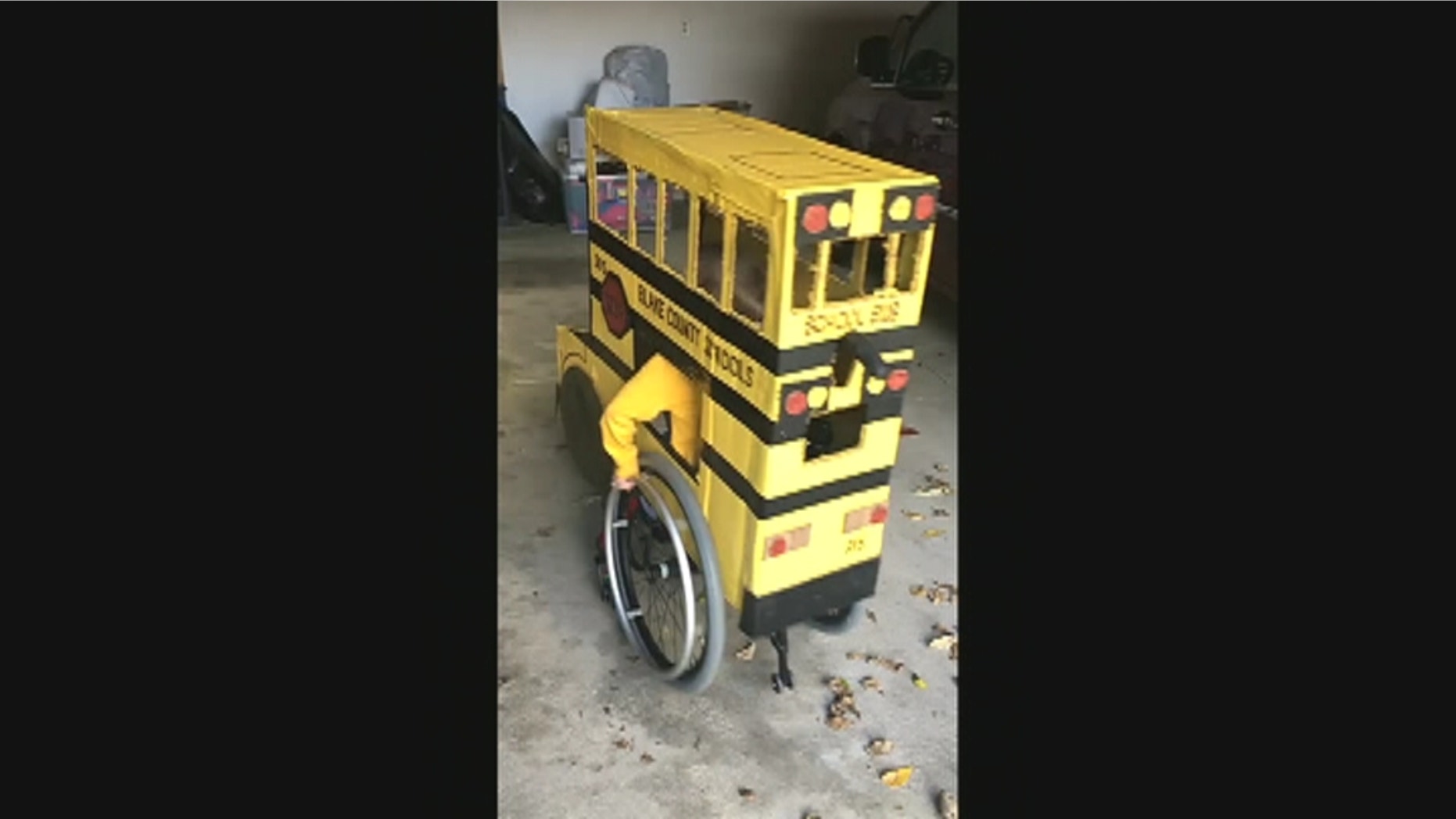 Blake Mompher is pictured inside his "Blake County Schools" bus costume.