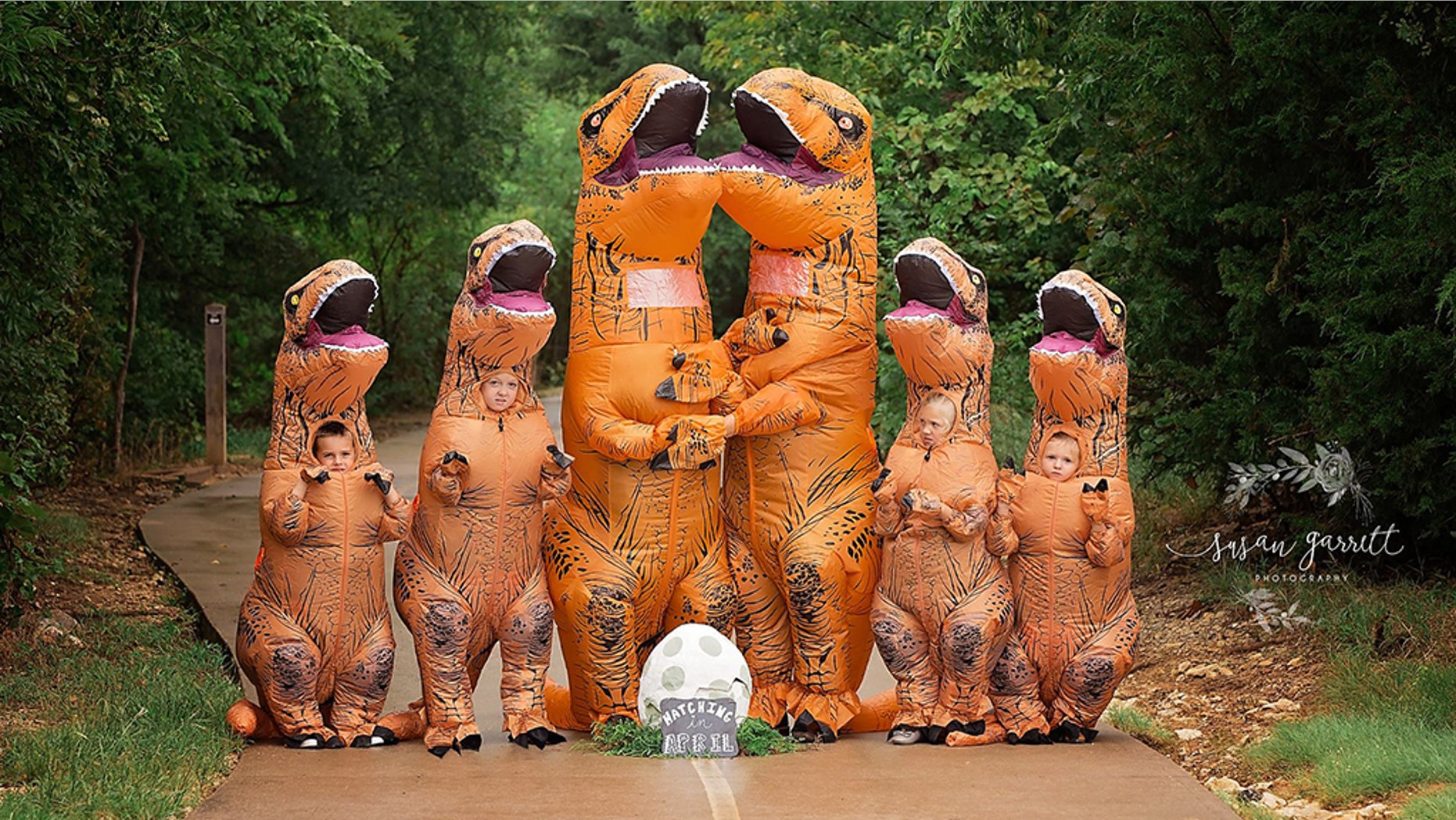 In the hilarious pregnancy announcement, Nicole and Daniel Berkley of Aubrey dressed up along with their kids - Myleigh, 10, Montana, 6, Lane, 5 and Hannah, 4 – in matching oversized, prehistoric reptile outfits for a memorable photoshoot.