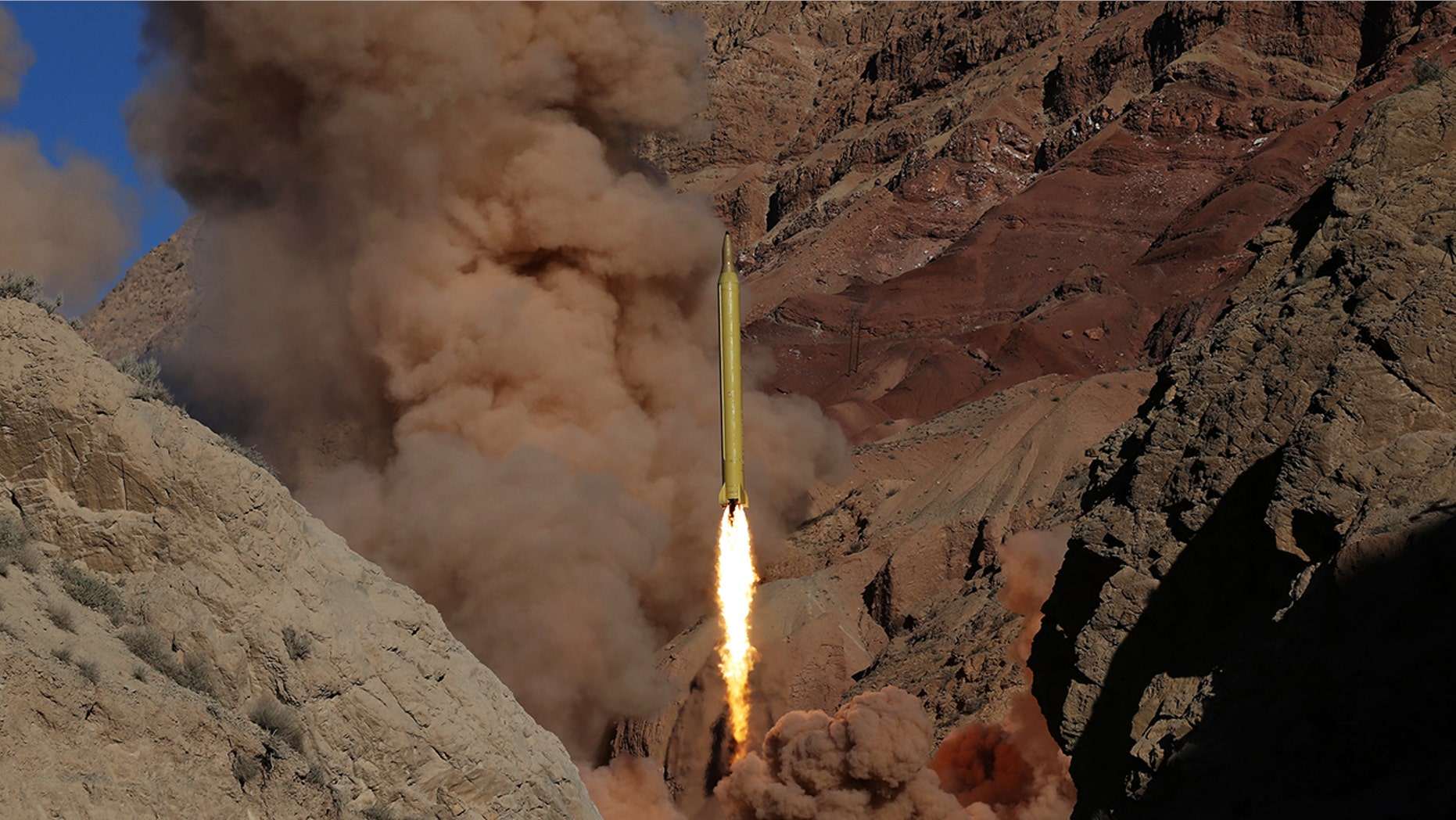 An Iranian Qadr H long-range surface-to-surface missile is fired during a 2016 maneuver in Iran. (AP Photo/Fars News Agency, Omid Vahabzadeh)