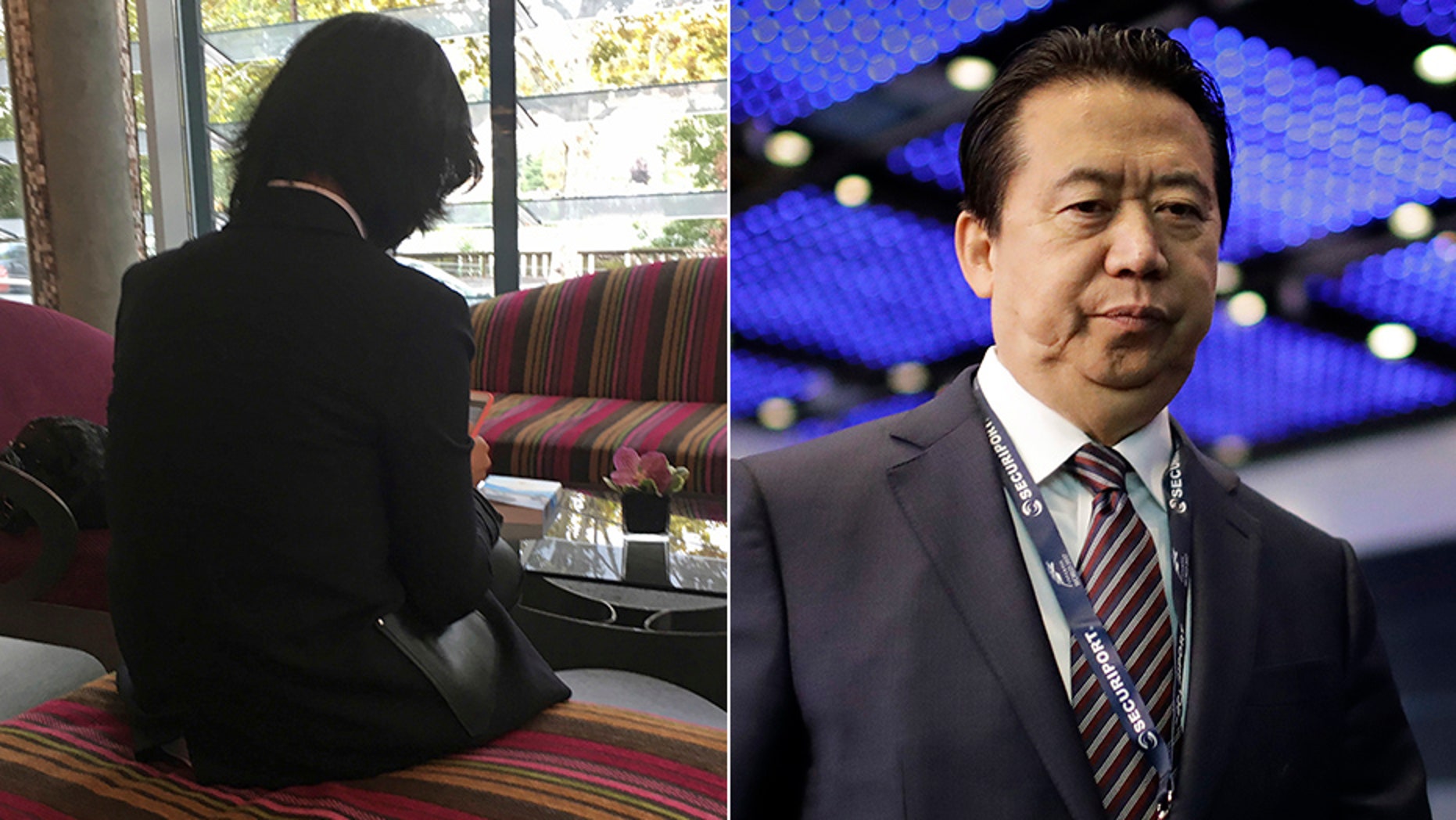 Grace Meng, left, the wife of missing Interpol President Meng Hongwei, who does not want her face shown, says he last sent her a picture of a knife before falling out of contact in late September.