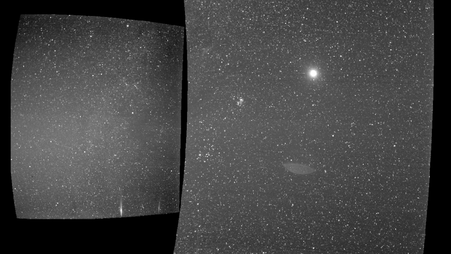 A camera aboard NASA's Parker Solar Probe captured these photographs looking back to Earth — the bright circle in the right-hand image — on Sept. 25, 2018.