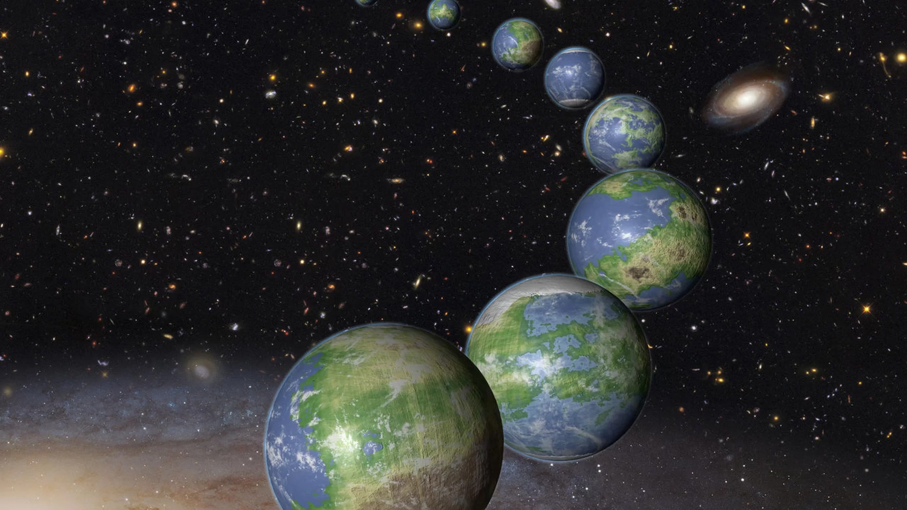 An artist's depiction of the many Earth-like planets that might exist over the course of the universe's history. Credit: NASA/ESA/G. Bacon (STScI)