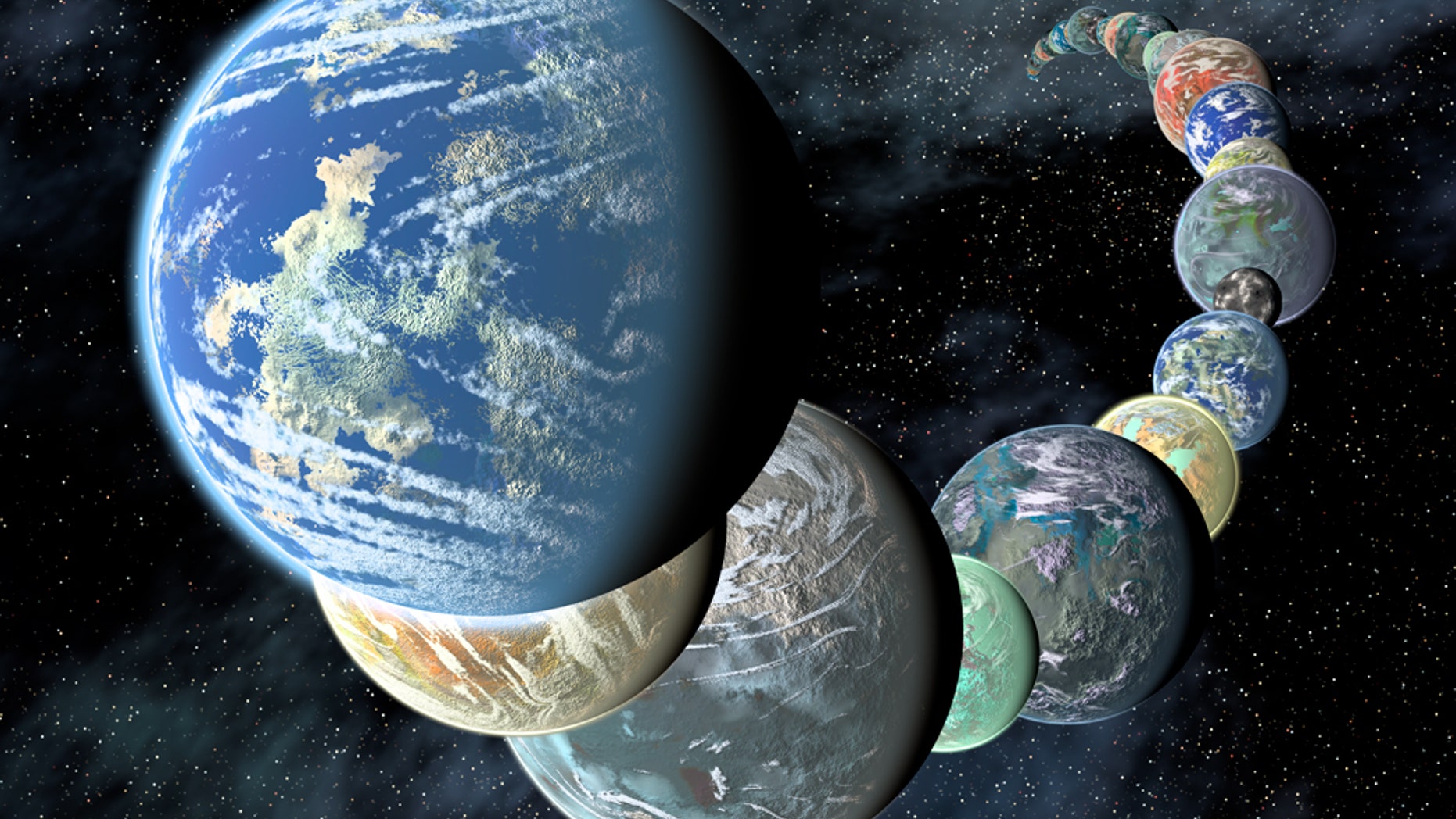 Artist's illustration of how rocky, potentially habitable worlds elsewhere in our galaxy might appear. Data gathered by telescopes in space and on the ground suggest that small, rocky planets are common. (Placing them so close together in a line is for illustrative purposes only.)