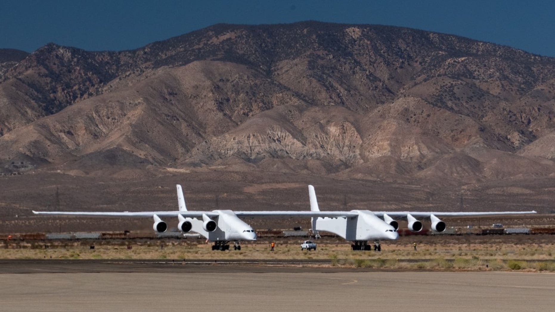 Stratolaunch Systems' airplane, the biggest aircraft ever built, performed a "medium-speed taxi test" at California's Mojave Air and Space Port in October 2018.
