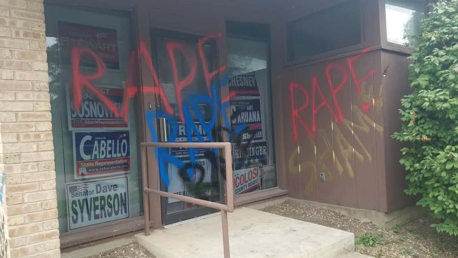 The Winnebago County Republican headquarters in Rockford, Ill., was vandalized last weekend. The words "rape" and "shame" were painted on the building's façade.