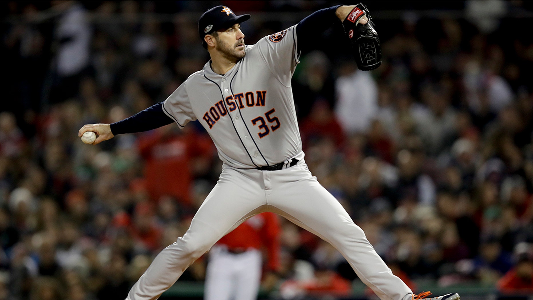 Houston Astros starting pitcher Justin Verlander throws against the Boston Red Sox during the first inning in Game 1 of a baseball American League Championship Series on Saturday, Oct. 13, 2018, in Boston.