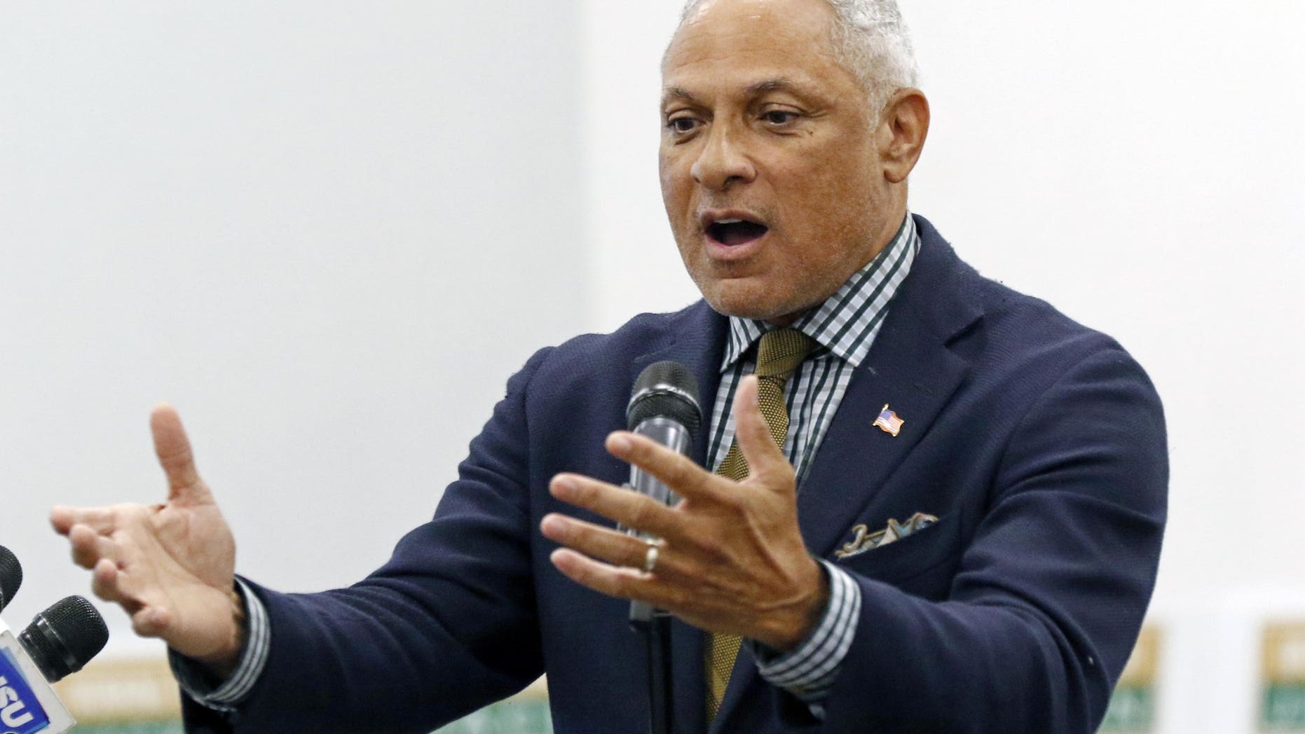 Mike Espy who is seeking to unseat appointed U.S. Sen. Cindy Hyde-Smith, R-Miss., and serve the last two years of the six-year term vacated when Republican Thad Cochran retired for health reasons, speaks before the leadership of Working Together Jackson during their luncheon and accountability session, Wednesday, Nov. 14, 2018 in Jackson, Miss.