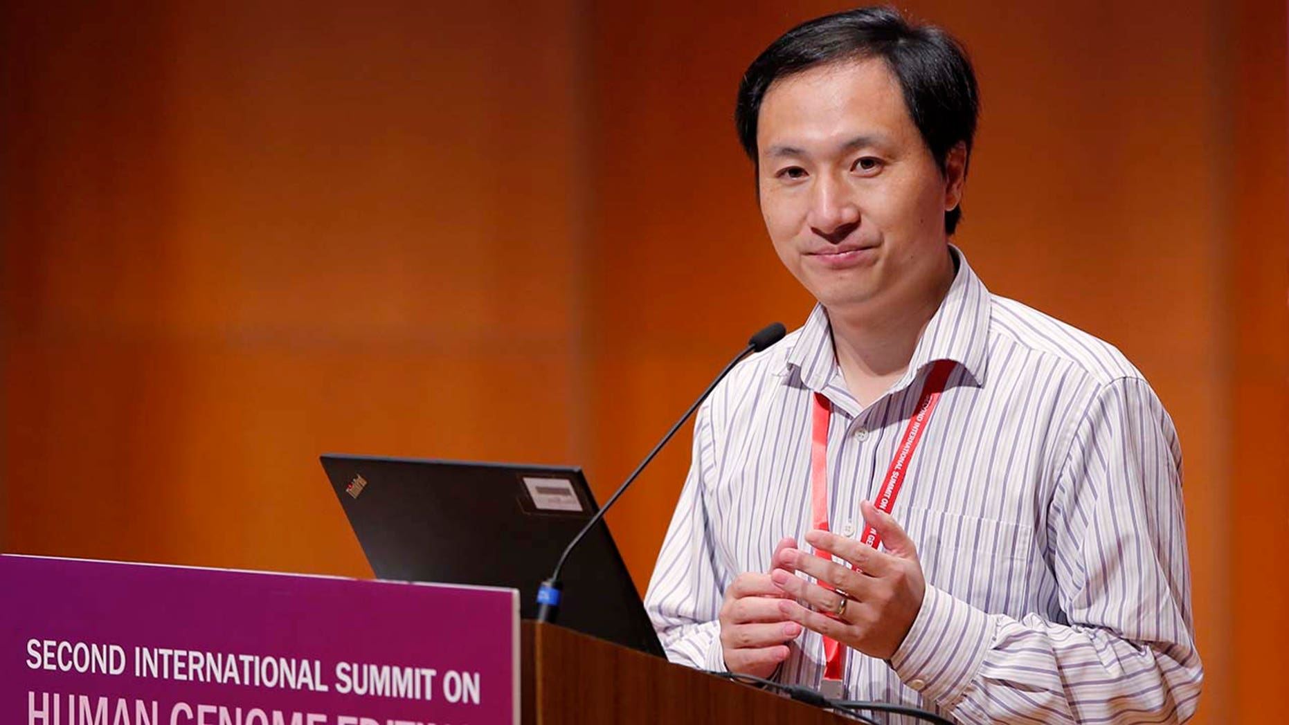 He Jiankui, Chinese researcher, speaks at the Human Genome Publishing Conference in Hong Kong on Wednesday, November 28, 2018. (AP Photo / Kin Cheung)