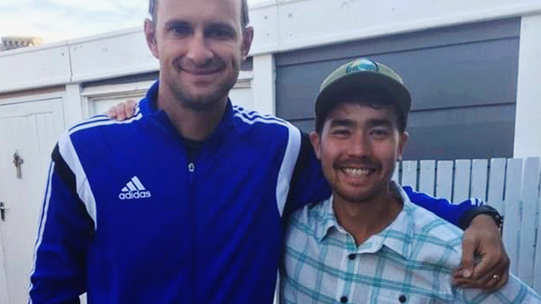 In this October 2018 photo, American adventurer John Allen Chau, right, stands for a photograph with Founder of Ubuntu Football Academy Casey Prince, 39, in Cape Town, South Africa, days before he left for in a remote Indian island of North Sentinel Island, where he was killed. Chau, who kayaked to the remote island populated by a tribe known for shooting at outsiders with bows and arrows, has been killed, police said Wednesday, Nov. 21. Officials said they were working with anthropologists to recover the body. (AP Photo/Sarah Prince)