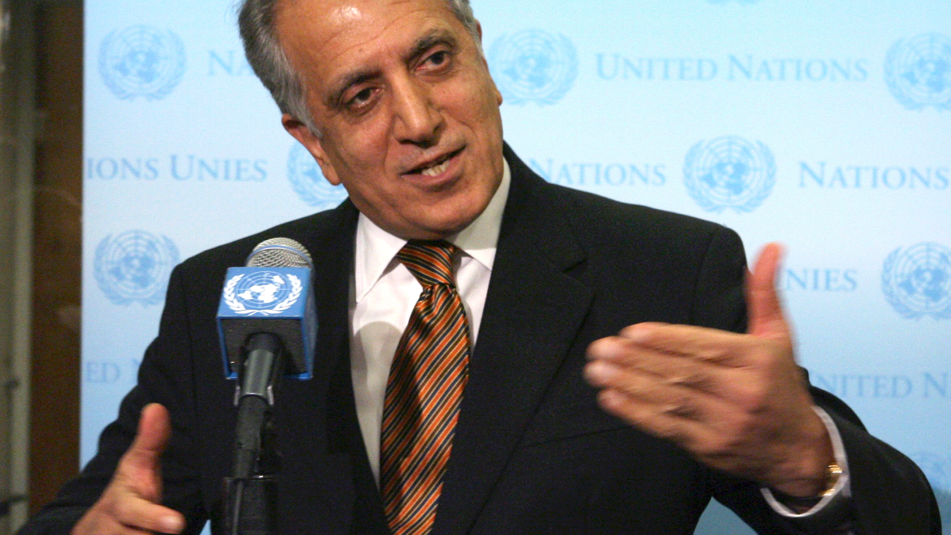 FILE - In this Jan. 5, 2009 file photo, then-U.S. Ambassador to the U.N. Zalmay Khalilzad, speaks to reporters at the United Nations headquarters. Taliban officials said Monday, Nov. 12, 2018 that Pakistan has released Abdul Samad Sani, a U.S.-designated terrorist who served as the Afghan Central Bank governor during the militants' rule, along with a lower-ranking commander named Salahuddin. It came as U.S. envoy Zalmay Khalilzad launched a second tour of the region, with stops in Pakistan, Afghanistan, the United Arab Emirates as well as Qatar, where the Taliban maintain a political office. (AP Photo/Mary Altaffer, File)