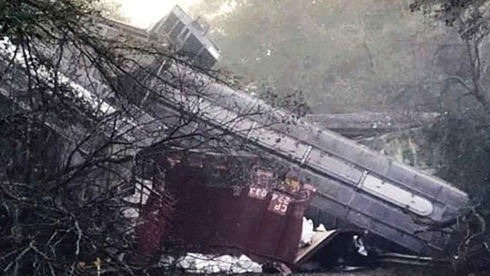 This photo provided by Montezuma police shows a train derailment on Saturday, Nov. 17, 2018 in Byromville, Ga.