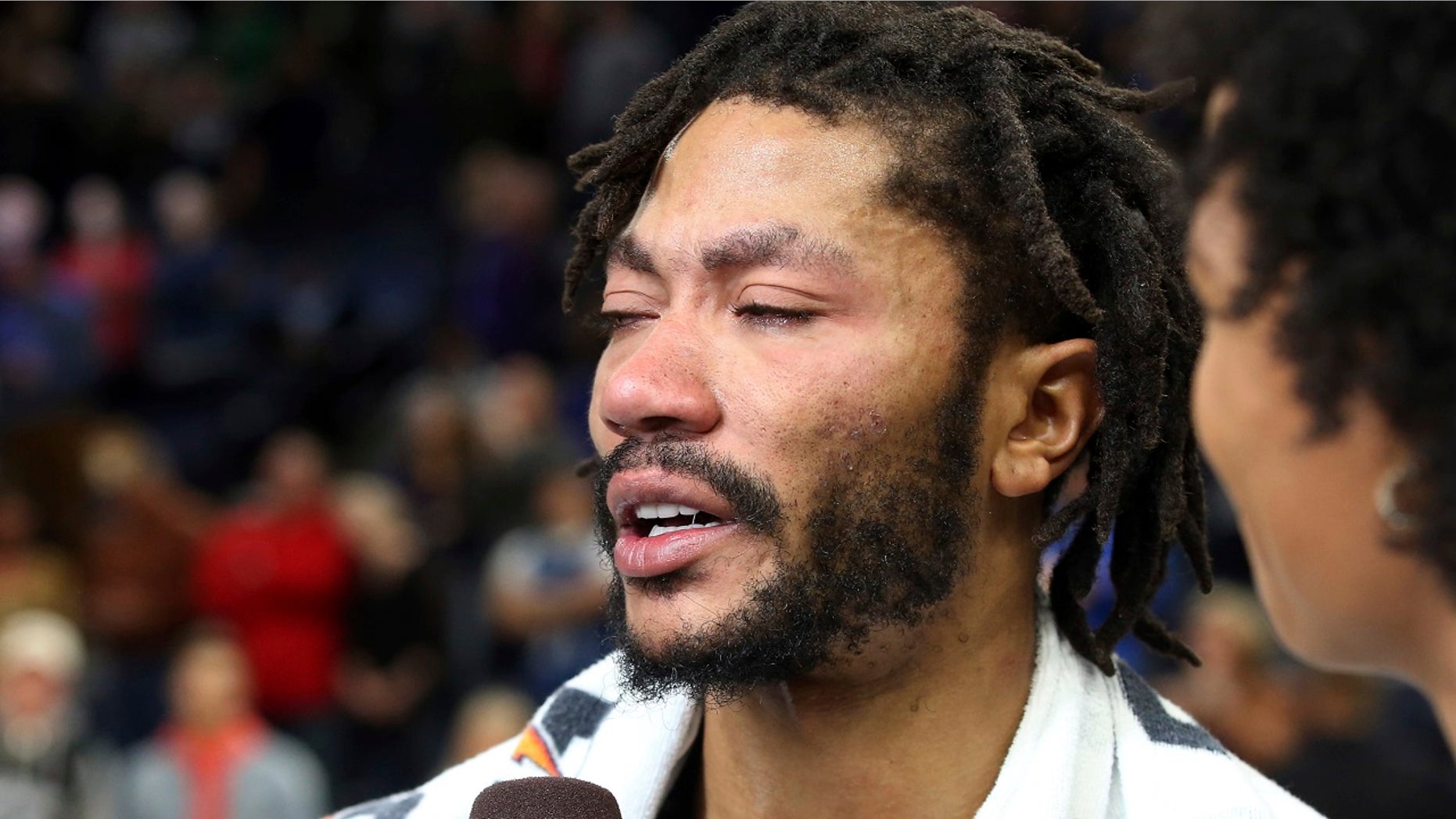 Minnesota Timberwolves' Derrick Rose is interviewed after he scored 50 points, a career high, against the Utah Jazz in an NBA basketball game Wednesday, Oct. 31, 2018, in Minneapolis. The Timberwolves won 128-125.