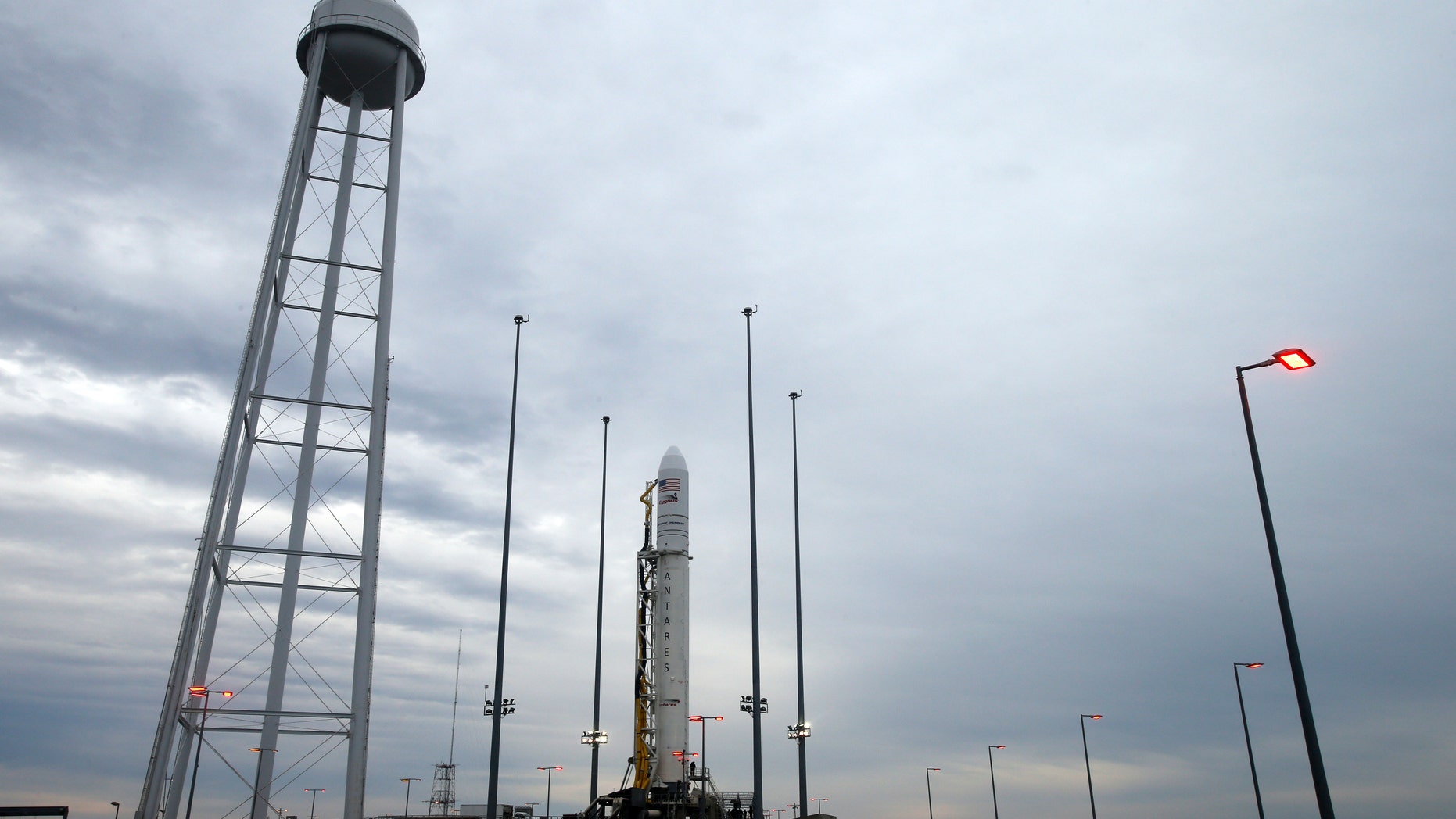 The Northrop Grumman Antares rocket sits at the top of its launch pad at NASA's Wallops flight facility in Wallops Island, Virginia on Wednesday, November 14, 2018. (AP Photo / Steve Helber)