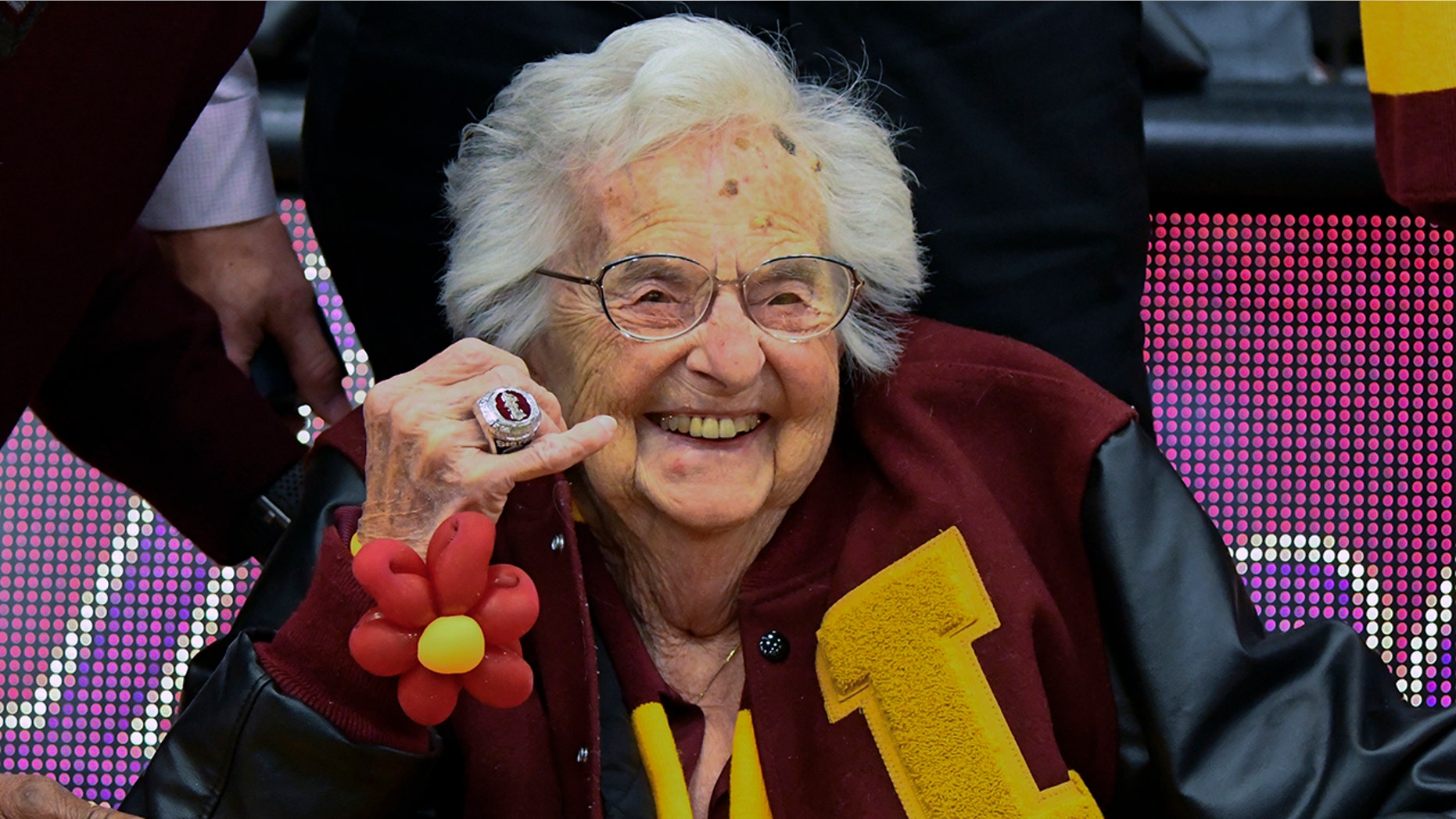 Sister Jean of Loyola University of Chicago unveils the NCAA's Final Four Ring that she received before an NCAA college basketball game between Loyola of Chicago and Nevada in Chicago, the Tuesday, November 27, 2018.